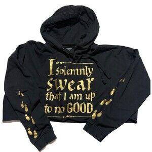 Harry Potter I Solemnly Swear Cropped Hoodie Black Gold Foil Graphic Large